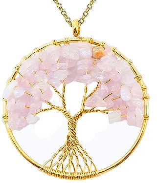 Only faith Collar para Mujer Arbol de Vida con piedras naturales Hecho a mano Acero Inoxidable Amuleto y protección Limpieza de 7 Chakras meditación (Cuarzo Rosa Grande Oro)