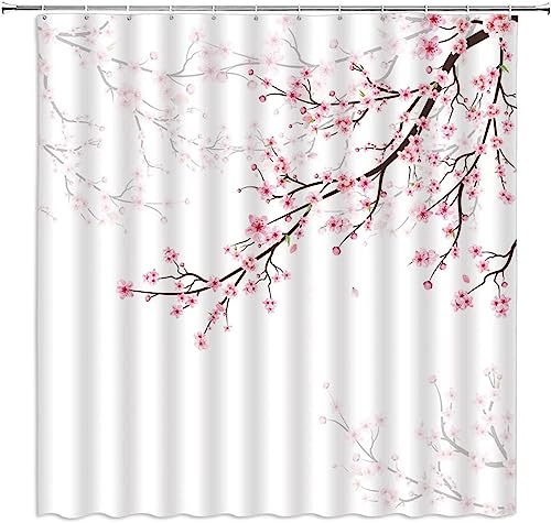 Latwerio 3D Rideau de Douche La Floraison des Cerisiers Japonais Rideaux de Douche Japonais Imperméable Anti Moisissure Rideau Salle de Bain pour Baignoire Rideau Douche 120 x 200 cm, 8 Crochets