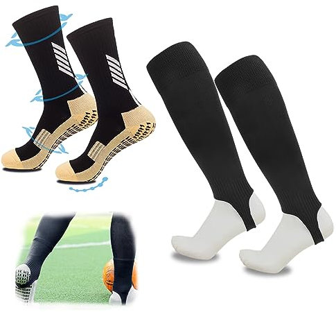 FIBOGOUP Fußballsocken Und Stutzen ohne Socken | Universalgröße 39-44 | Flexibel, Rutschfest | Stabilisierende Schienbeinschoner | Perfekter Sitz, atmungsaktiv | Trete jeden Ball perfekt (Schwarz)