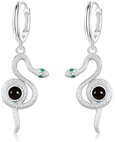 Mondstein Schlange Ohrring, 925 Sterling Silber Vintage Schlangen Huggie Creolen Tropfen Ohrringe Schmuckstücke für Frauen (Black Onyx)
