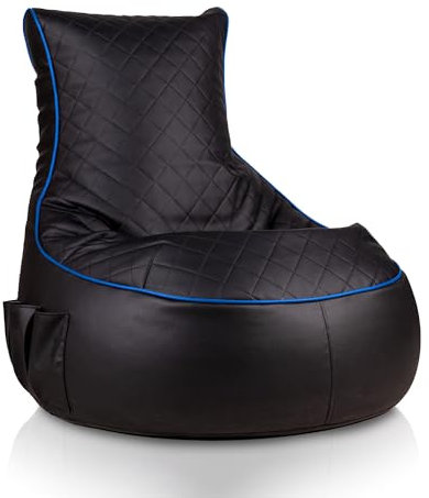 Bepouf Poltrona Sacco Puf Pouf Con Schienale Alto Ecopelle Pieno (Gaming Nero Blu, L)