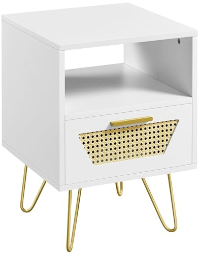 Yaheetech Nachttisch Rattan Beistelltisch mit 1 Schublade und 1 offenen Ablagefach Nachtkästchen Metallbeine Nachtkommode für Boxspringbett 40 × 40 × 55 cm, Weiß