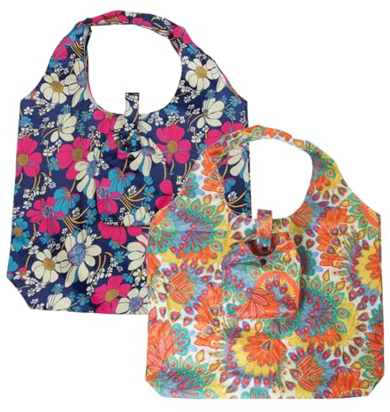 FAVORTALK Nylon Foldaway Shopping Bags Reusable - 2 Pcs Foldable Handy Grocery Bag Washable Lightweight Shopper Tote Fits in Pocket Large for Household - D24014