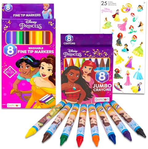 Disney Prinzessinnen-Malset für Mädchen – Bündel mit 8 Prinzessin-Markern und 8 Prinzessinnen-Jumbo-Balstiften zum Ausmalen, Zeichnen und mehr, Disney Prinzessinnen-Schulbedarf für Kinder