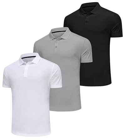 Djtnzdm Polo Shirts for Men Adults Breathable Casual Polyester Polo for Men Summer Dry Fit Golf Tennis Tops Short Sleeve Pack of 3 XXL Black Grey White