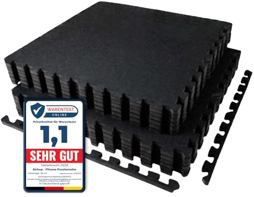 AIRHOP 12 Matten 60x60x1,4cm Extra Dicke robuste Gummierte, rutschfeste Puzzlematte, geeignet für Fitnessstudio und Heimfitness, schwere Trainingsbelastung, bodenschutzmatte Fitness, Schwarz