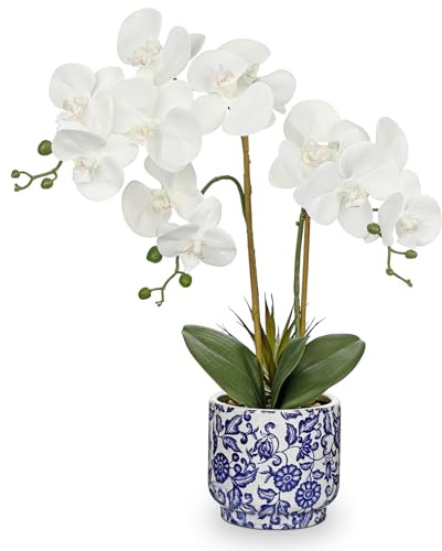 Briful Orchid Artificial Flowers 19.6in White Orchid Silk Floral Arrangement with Blue and White Ceramic Pot Fake Orchid Plant for Home Office Dining Room Table Centerpiece Decor