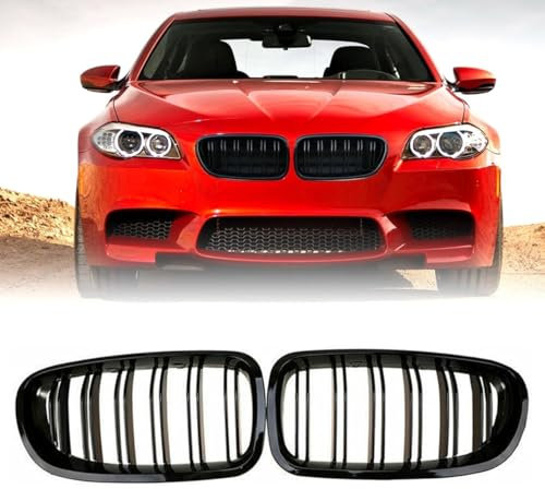 Nieren Schwarz Kühlergrill Streifen Kühlergrill für BMW 5 Series F10 F18 2010-2016,Grill Glanz Schwarz Doppelsteg Sport Kühlergrill