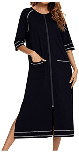NSICBMNO Black Zip Dressing Gowns For Women Uk Cotton Pyjamas Summer Bed Jackets Ladies Nightwear Long Bath Robes Short Sleeve Long House Coat With Full Zip Nightgonw With Pockets Bathrobe Homewear