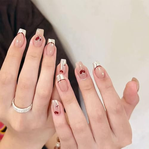 Mgmxbsth 24PCS Press on Nails,Pink Nude Fake Nails, Christmas False Nails with Designs,Acrylic Full Cover Stick on Nail Reusable Glue on Nails for Women Girls DIY Nail Art(Sweet Heart)