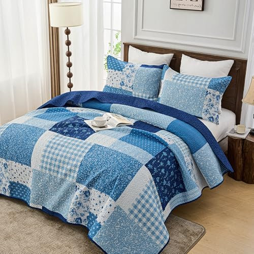 Simple&Opulence Quilted Patchwork Bedspread Double Size, Bed Throw 3 Piece Bedding Set Includes Coverlet with 2 Pillowcase, Floral Patchwork Quilted Throw(220x240cm,Blue)