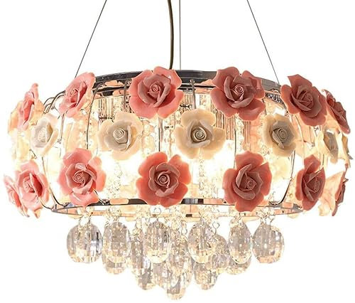 Lustre Moderne, Lampe à Suspension Ronde Moderne en Cristal, luminaire encastré for Chambre à Coucher, Salon, Restaurant, Salle à Manger, Lustre Romantique en céramique Rose en Forme de Fleur de Rose