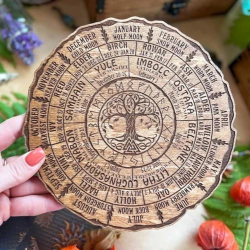 Wheel of The Year Wood Sign Celtic Tree Calendar, Annual Wheel Of Tree Plaque, Round Wooden Sign for Retro Wall Decor, Pagan Wheel of The Year, Wooden Desktop Decor