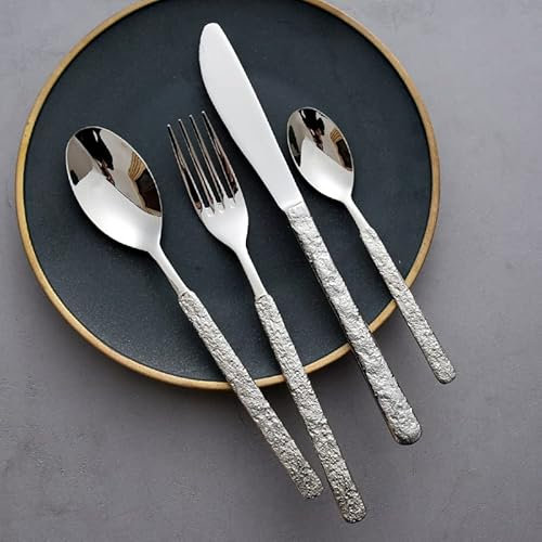 KLLJHB Besteckset, Besteckset, 4/16/24/32/40/48-teilig, Messer, Gabel und Löffel aus Edelstahl 304, Steakbesteck mit Griff aus Steinstruktur für den Haushalt
