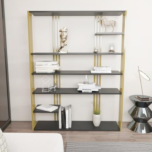 Stylish Anthracite & Gold Bookshelf, 120 cm x 160 cm x 29.6 cm | 100% Melamine Coated Particle Board, 18 mm Thick | Perfect for Modern Home Decor