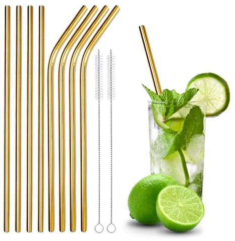 Lavishly Reusable Stainless Steel Metal Straws Set - 4 Straight & 4 Bent Straws + 2 Cleaning Brushes | Eco-Friendly, BPA-Free, Non Disposable Drinking Straws for Hot & Cold Beverages (Gold)