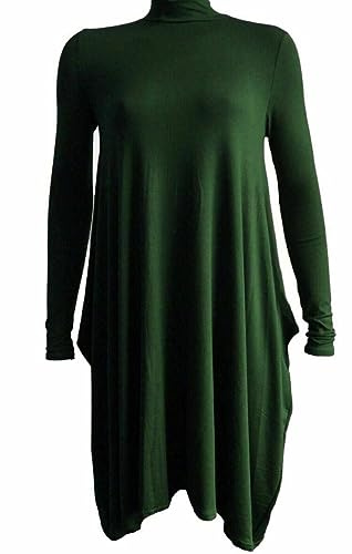 GOSTYLES® Womens Polo Turtle Neck Hanky Hem Swing Dress Top, Ladies Soft Stretchy Long Sleeve Flared Swing Skater Jumper Dresses Plus Sizes S-3XL