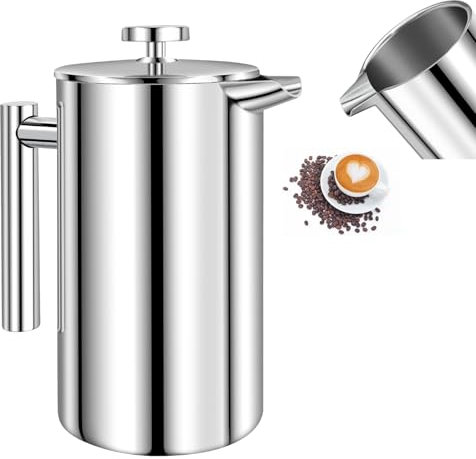 VickyHome 8 Cup Cafetiere 1000ML Stainless Steel French Press, Double Wall Coffee Makers Coffee Press and Tea Maker with 3-Level Filter System, Portbale Travel Cafetiere for Camping and Traveling