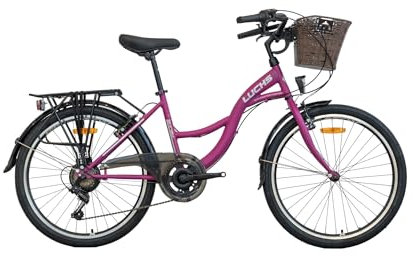 LUCHS 24 Zoll Feline Kinderfahrrad, Kinder, Fahrrad Hollandrad MIT RATTANKORB – Hollandrad, Cityrad mit 7 Gängen Mädchenfahrrad, Mädchen, Cityrad, Holland 41cm Rahmenhöhe // Fuchs (Lila)