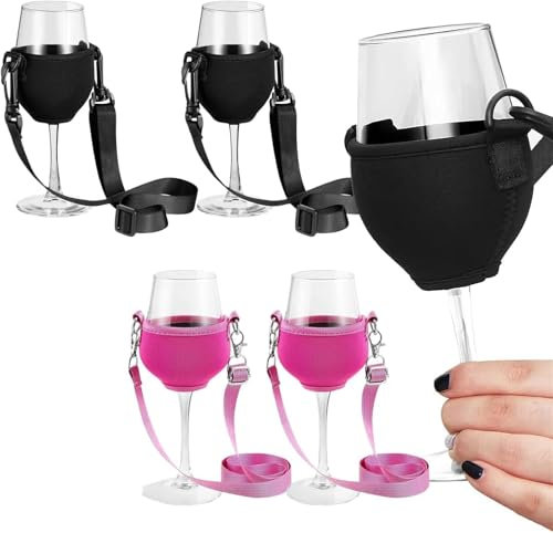 Yeehliny 4 Stück Weinglashalter Zum Umhängen Tragbare Weinglas Halterung zum Umhängen Becherhalter Verstellbarer Wine Glass Holder für Weihnachten Geburtstag Hochzeit Party (Schwarz+Rosa/Mittel/20CM)