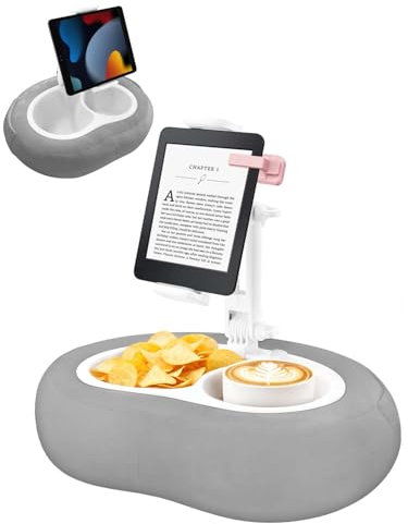 Miledi Tablet Pillow Stand, Kindle Holder,360°Adjustable Tablet Holder Compatible with 5-12.9 Phone/Tablet, Kindle,iPad,iPhone, Google, Phone Holder for Bed with Snack Bowl and Cup Holder, Grey
