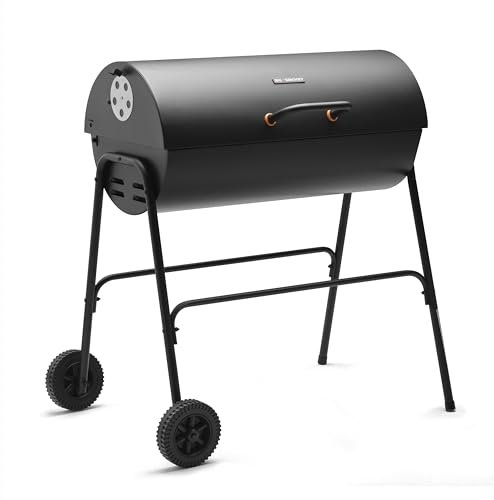 Big Smokey Charcoal Barrel BBQ – Portable Barbecue with Warming Rack, Wheels, Large Porcelain-Coated Steel Non-Stick Cooking Grill, Air Vents – 2 in 1 Barbeque and Smoker.