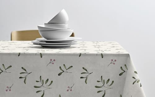 Södahl Weihnachtstischdecke, Tischdecke Weihnachten, Festliche Tischdeko mit Mistelzweig-Muster, aus 100% Baumwolle, 140 x 250 cm, Nature