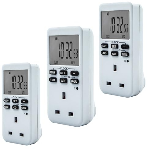 Uni-Com Digital Plug-in Timer – Easy Read LCD Display, Programmable 24 Hour/Weekly Schedules, Countdown & Random Mode, Energy Saving Home Security Timer for Lights and Appliances (3, White)