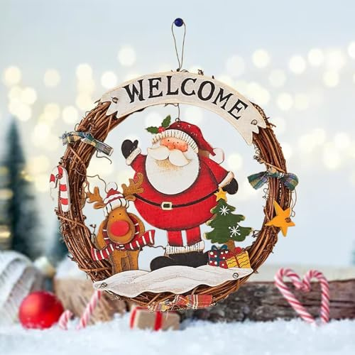 Weihnachten Deko Türkranz, 29cm Weihnachtskranz Santa Claus für die Haustür, Tür Kranz Welcome für Weihnachten, Weihnachtsdeko zum Hängen Weihnachte Kranz Dekorationen für Haustür, Fenster, Wand
