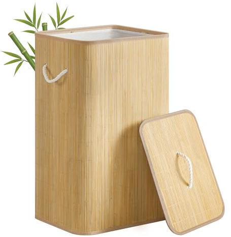 SONGMICS Laundry Basket with Lid, 90 L, Bamboo | Rectangular Laundry Hamper with Handles, Collapsible, Removable Machine-Washable Liner, Natural Colour, LCB077YZ01