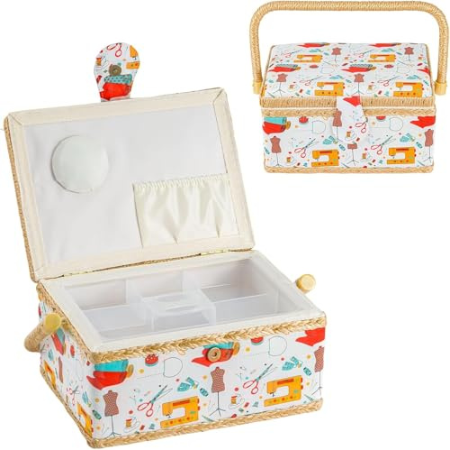 BREEZENEST Sewing Box with Removable Tray – Portable Sewing Boxes for Crafts, Quilting & Scrapbooking, Magnetic Closure, Wooden Storage Box 24 x 17.5 x 13 cm for Home & Travel (Yellow)