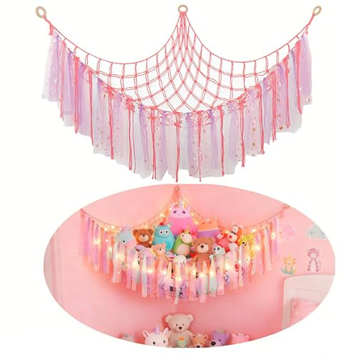 LAZYTAIL 2-Pack Teddy Hammock,Large Stuffed Animal Hammock Plush Toy Storage Net - with LED Light & Tassel, Girls Bedroom Kids Room Corner Wall Decor, Hanging Organizer for Plushie (Pink)