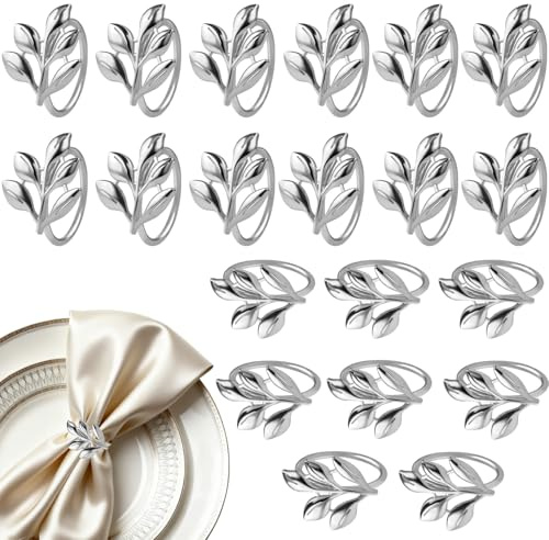 Serviettenring Silber 20stk Elegante Metall Serviettenring Weihnachten, Serviettenschnallen Blätter,Napkin Rings für Tischdekoration Valentinstag Ostern Hochzeit Abendessen Party