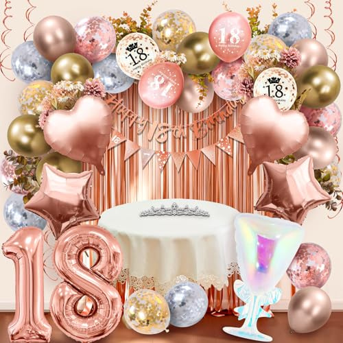 DXLing Décoration pour 18e anniversaire fille rose gold avec couronne, ballons, bannière Happy 18th Birthday, rideau pailleté, tourbillon suspendu pour décoration d'anniversaire réutilisable