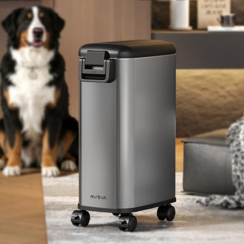 MRBIN Pet Food Storage Bin 12 lb, Dog Food Bin 12L with Scoop Airtight Pet Food Container Stainless Steel with Wheels Slim Pet Food Treats Storage Bin, Eclipse Grey