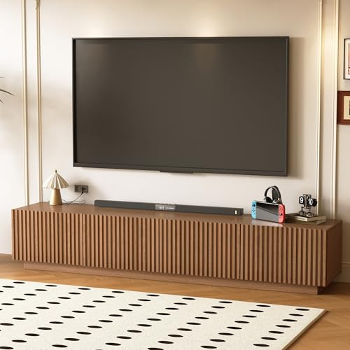KAANAA TV Schrank mit Lamellentüren, Abnehmbares Fachboden & Großem Stauraum–Nussfarbe Lowboard Wohnwand, Boden-TV-Schrank Geeignet für Fernseher ab 75 Zoll, Wohnzimmer Unterhaltungsraum Möbel(220cm)