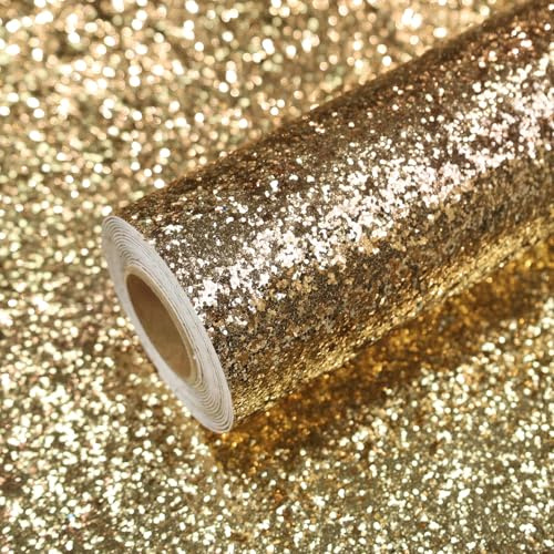 VEELIKE Champagner Klobige Glitzer Tapete Selbstklebend Glitzerfolie Tapeten Gold Glitzer Chunky 40 cm x 300 cm Klebefolie Möbel Vintage Möbelfolie Champagner Wohnzimmer Festliche Party Dekoration
