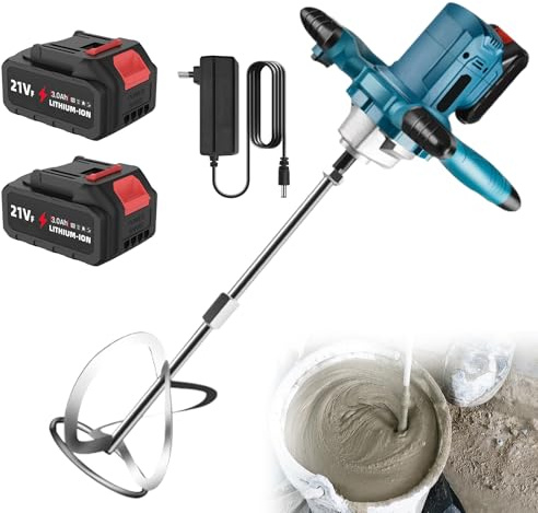 Mörtelrührer, Leim mit 2 Batterien, 1500 mAh, Betonmischer, 6 Geschwindigkeiten, 900 U/min, Spiralstab M14, elektrischer Betonierstab zum Mischen von Lebensmitteln, Putz, Farbe, Zement, Mörtel (blau)