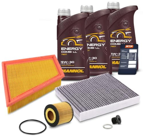 BESTPRICE Inspektionspaket Set A mit 1x Ölfilter, 1x Innenraumfilter (Aktivkohle), 1x Luftfilter, 1x Ölablassschraube, 1x Ölwechselanhänger + 3l 5W-30 MANNOL ENERGY COMBI LL Motoröl