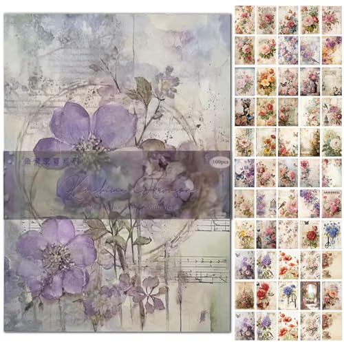 KASESSS 100 Fogli Floreale Carta Scrapbooking, 14 x 10cm Carta di Riso per Decoupage, Cartas per Decoupage, Diverso Scrapbook Paper per DIY Artigianato Creare Riviste Decorazioni Vintage Junk Journal