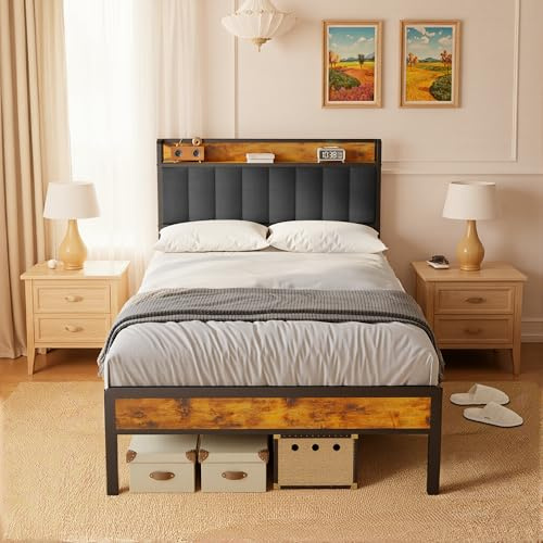 Blishom Metallbett 120x200 cm, Bettgestell, Dunkelgrau | Modernes Doppelbett Industrie-Design mit gepolstertem Kopfteil & Ablage, Lattenrost, Stabil & Geräuschlos, Bett mit Stauraum