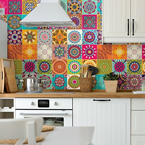 60 Stickers adhésifs carrelages | Sticker Autocollant Carreaux de ciment - Mosaïque carrelage mural salle de bain et cuisine | Carreaux de ciment adhésif mural - azulejos - 15 x 15 cm - 60 pièces