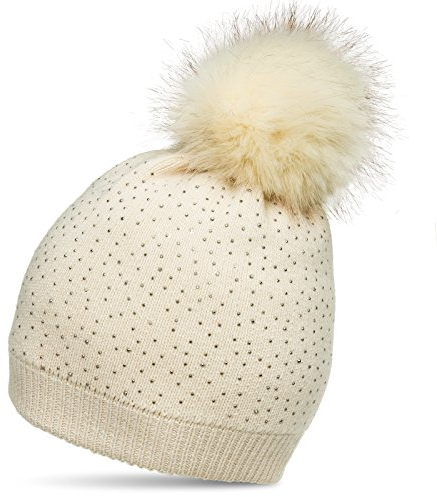 Caspar MU191 Damen Fein Strick Winter Mütze mit Fellbommel und dezentem Glitzer Strass, Farbe:beige, Größe:One Size