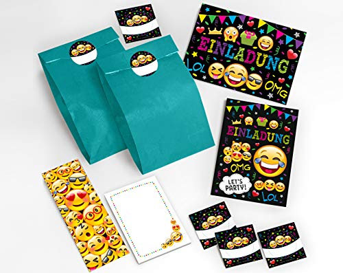 JuNa-Experten 12 Einladungskarten Kindergeburtstag Mädchen Jungen Jungs Geburtstagseinladungen Einladungen Geburtstag incl. 12 Umschläge, 12 Tüten/blau, 12 Aufkleber, 12 Lesezeichen, 12 Notizblöcke