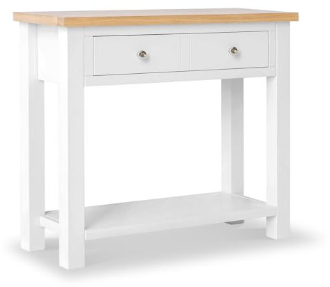 RoselandFurniture Farrow White Tall Console Table for Hallway with Storage & Oak Top Large Wide Painted Solid Wooden Hall Telephone Stand with Drawer for Living Room Bedroom or Kitchen