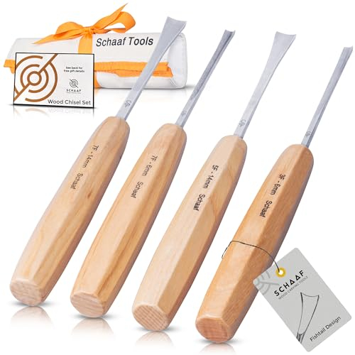 Schaaf Wood Carving Tools Fishtail Set | 4pc Fishtail Gouges and Chisels Set for Fine Detail Work | Hand Sculpting Tools Kit for Beginners, Hobbyists and Professionals, Canvas Case and eBook Included