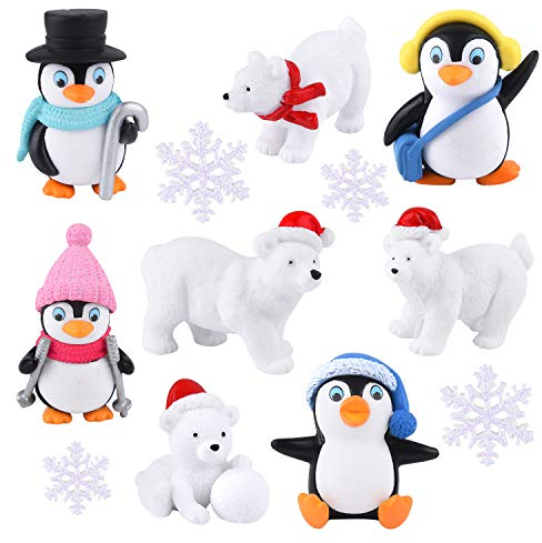 FEPITO 12 Stücke Winter Harz Pinguin Eisbär Schneeflocken Miniatur Figur Spielzeug Mini Weihnachten Figuren für DIY Garten Wohnkultur Weihnachtsschmuck