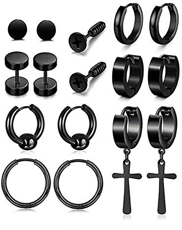 8 Paires Acier Inoxydable Boucle d’Oreille Anneau Homme Femme Ronde Clou d’Oreille Piercing Croix Pendentif Rétro (Black)