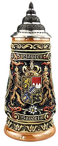 KING Bierkrug Bayern Seidel 0,4 Liter Bierseidel, blau, bunt, handbemalt, mit Deckel
