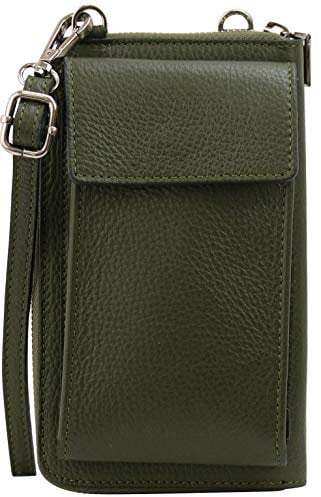 SH Leder Damen Handytasche Umhängetasche Geldbörse Multifunktion Beutel aus Echtleder Verstellbar Schultergurt Handy bis 6,5 Zoll 11,50x19cm Sarah G339 (Olivgrün)